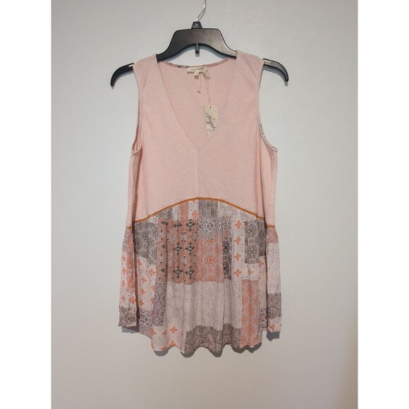 Mystree Tops - Nwt Mystree Peach Sleeveless Boho Top Patchwork S Women's Vee Neck